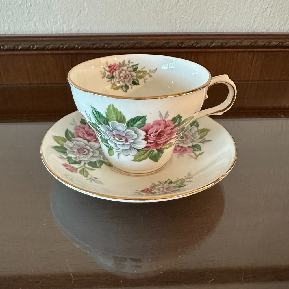 Victoria C & E Bone China Tea Cup and Saucer Gold Trim With Florals